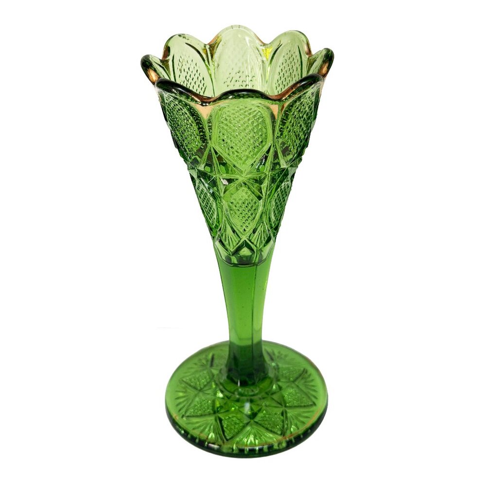 Early American Pattern Glass (EAPG) Emerald Green and Gold Glass Bud Vase